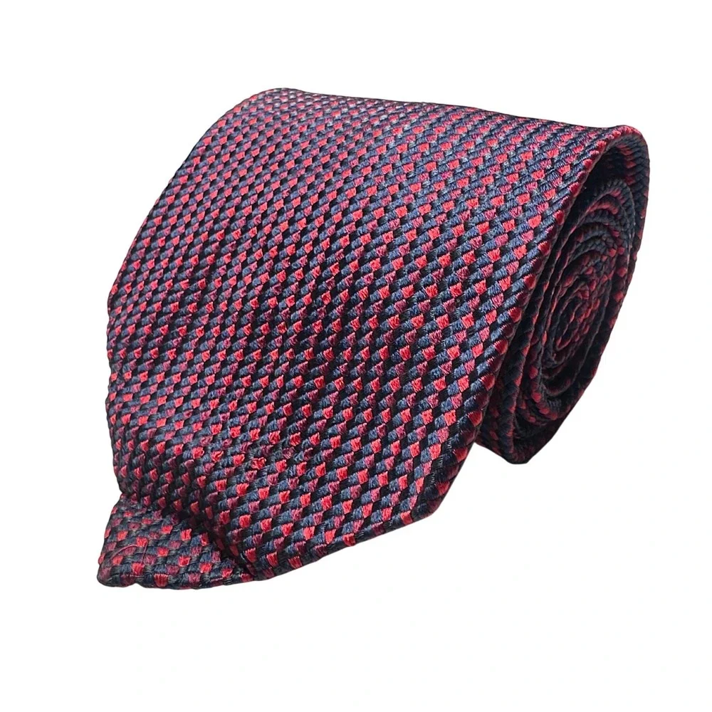 DeSantis Collection Mens Silk Tie‎ Navy Red Micro Diamond Weave Made in Italy